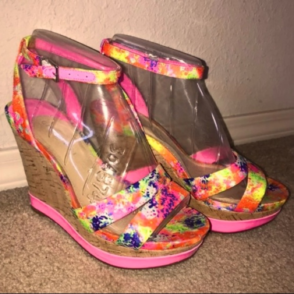 Gianni Bini Rainbow Paint Splatter Wedge Sandal